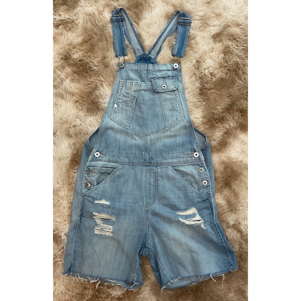 H&M Women Light Wash Distressed Denim Shortalls Size 4 Raw Hem Bib Overalls